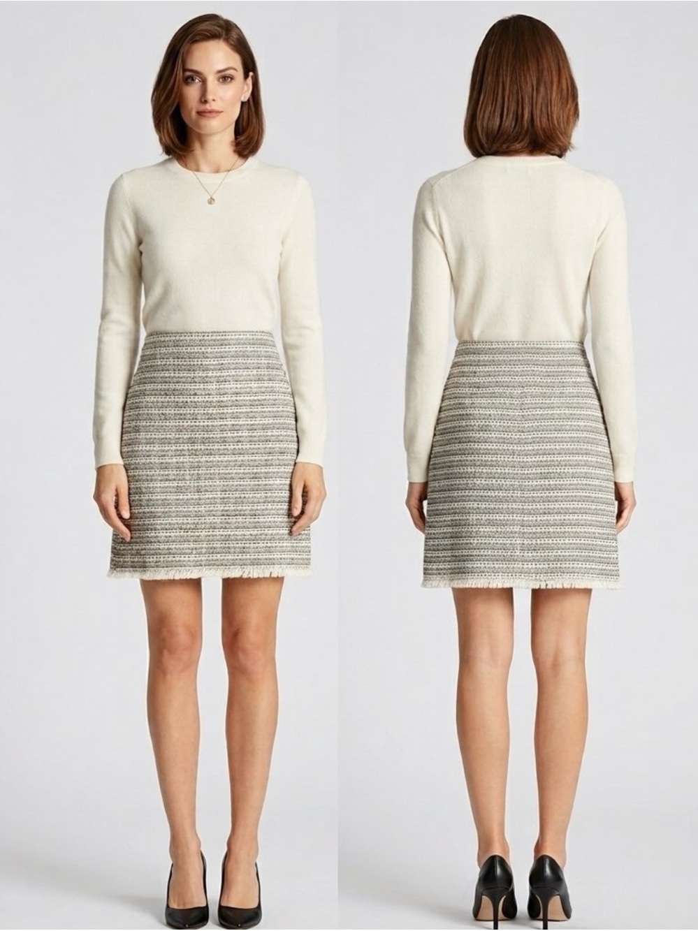 NWT LOFT Tweed Mini Skirt Fringe Hem Black White Cream Textured Boucle Size 6